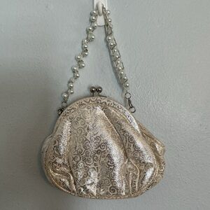 Inge Christopher Vintage Silver Brocade KISS Clasp Evening Bag.